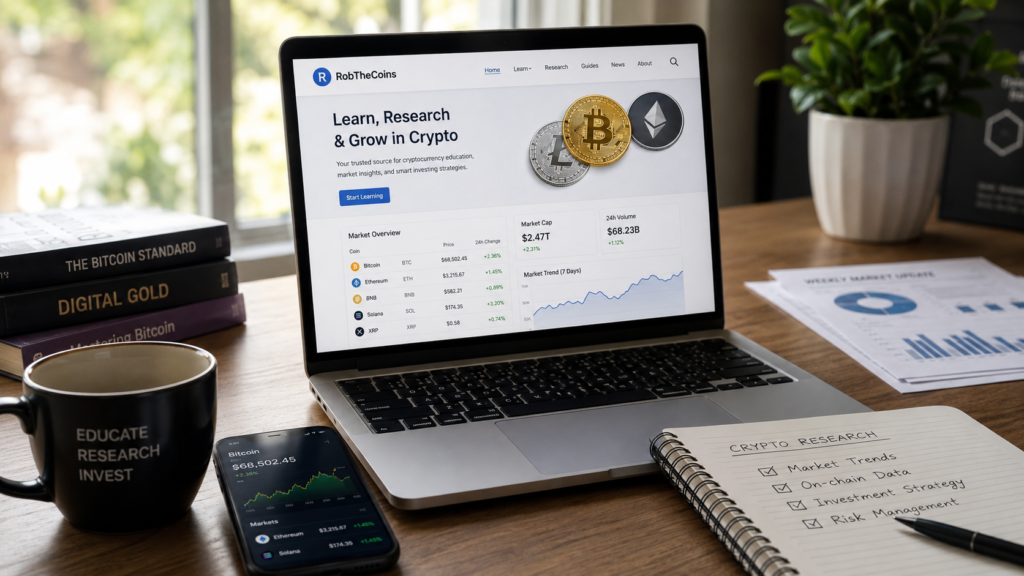 RobTheCoins crypto education website guide displayed on a modern financial research workspace