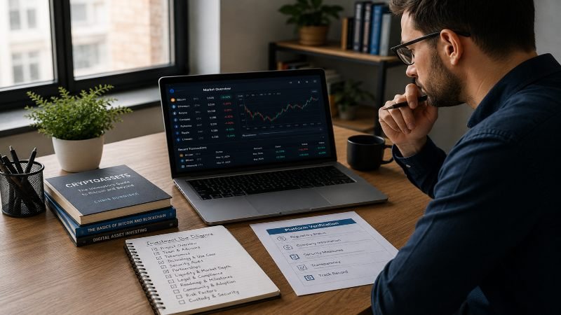 Investor researching RobTheCoins Investing and reviewing cryptocurrency information before making an investment decision.