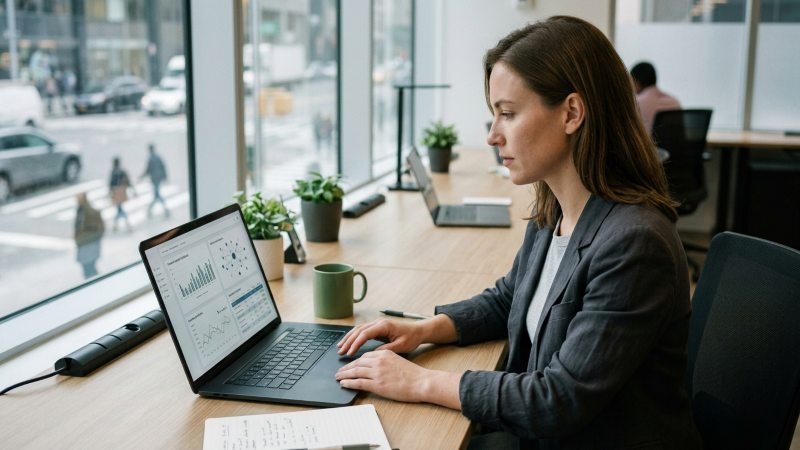 Person researching cryptocurrency and digital business information on a laptop